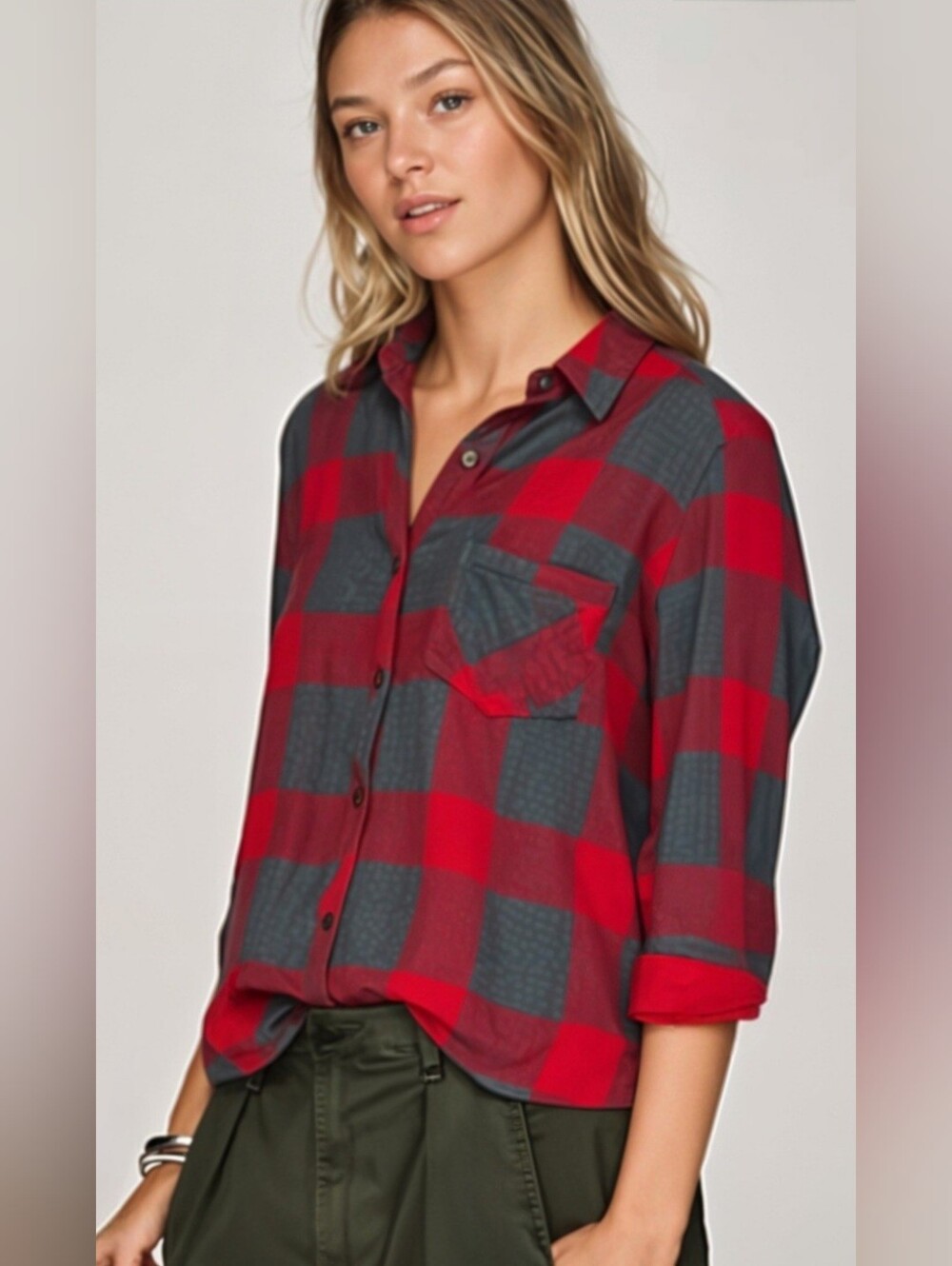 Maurices Red And Gray Plaid Flannel Shirt